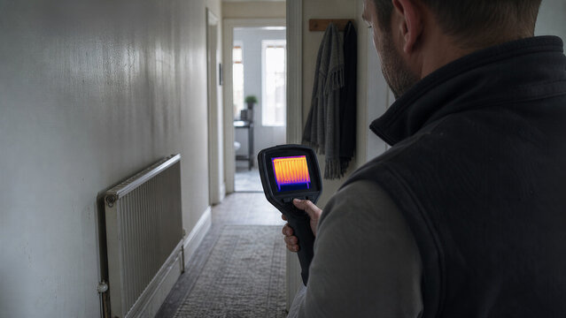 Technician uses thermal camera to check uneven radiator heat at home