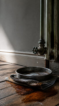 Leaking radiator valve drips into metal tray on stained wooden floor