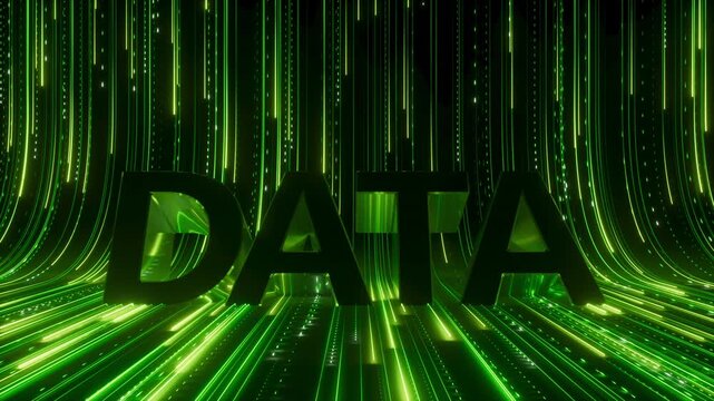 Green neon streams flow over DATA letters creating matrix-like glow. Video evokes big data and analytics theme. 3d render motion.