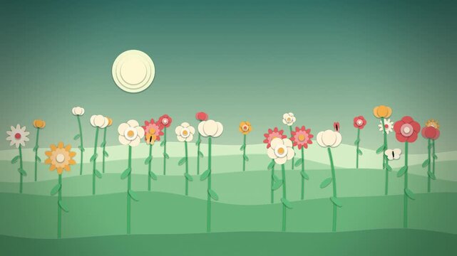 Paper cut flower garden blooming on green hills with butterflies