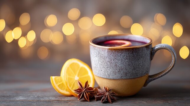 Cozy winter scene with mulled wine in rustic mug and citrus, warm bokeh lights in background