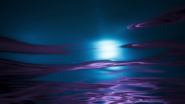 Looped abstract water surface animation with glowing light and gentle wave motion. Atmospheric ocean video background for relaxation, meditation, and night sea concepts. 3D render motion.