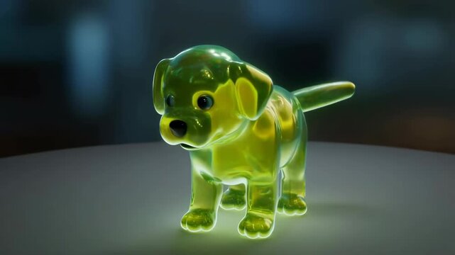 Cinematic 3D render loop of a cute green jelly puppy rotating on a smooth surface. Glossy translucent gelatin dog with fluid movement, perfect for cheerful marketing and kids promo.