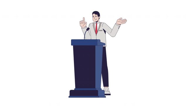 Asian male politician giving speech at podium 2D character animation. Election campaign. Presenter statesman nodding. Keynote speaker at lectern animated person cartoon 4K video on transparent