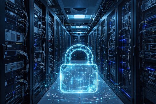 Glowing padlock hologram guarding a corridor of server racks