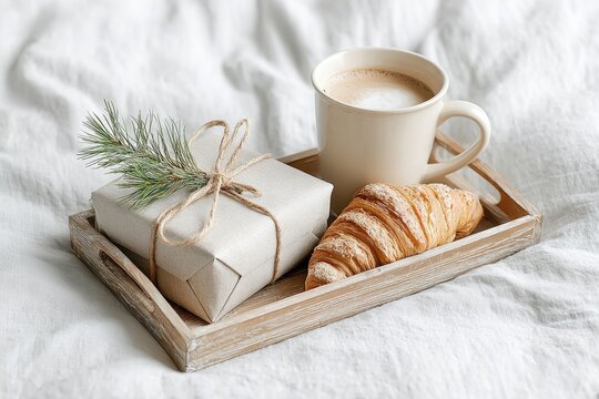 Cozy breakfast tray with wrapped gift, coffee, and croissant on soft white bedding