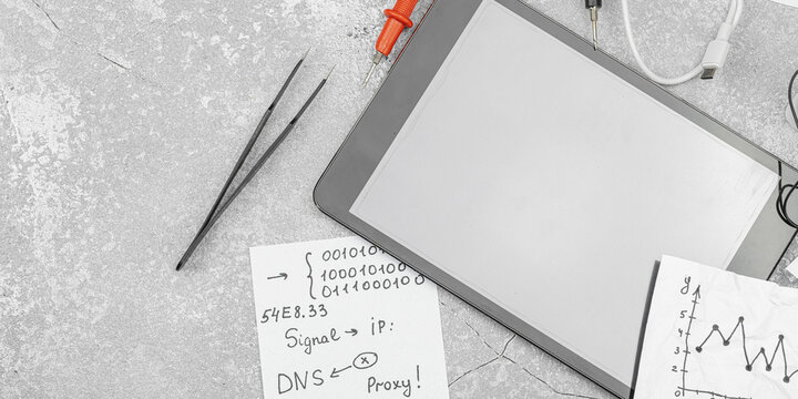 Cybersecurity and digital forensics concept. Professional OSINT investigator workspace with tablet