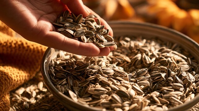 A hand gently scooping striped seeds from a large bowl adds human interaction to sunflower seeds and autumn elements, with loose shells, warm knitted fabric