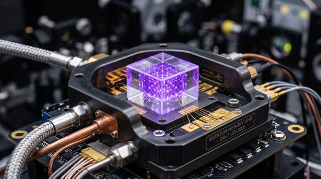 Advanced quantum processor illuminating a crystalline chamber with intricate light for scientific research