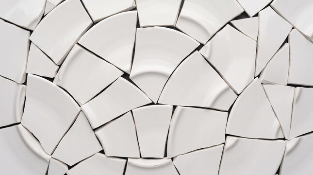 Shattered ceramic plate white pieces - Broken white dishes arranged in a circular pattern  