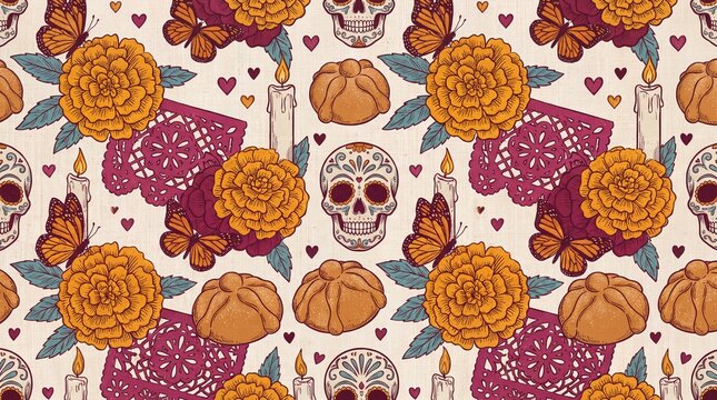 cultural celebration design, a vibrant, intricate pattern featuring da de muertos elements and colors