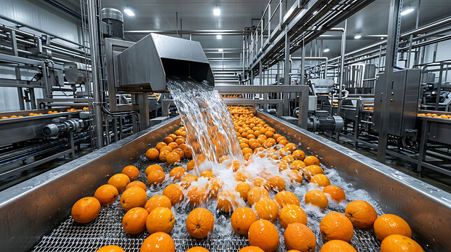 Industrial orange washing and processing line in a modern fruit factory