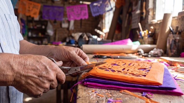 cultural craftsmanship, handcrafted papel picado in vibrant colors, showcasing intricate cuts and textures
