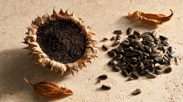 A weathered sunflower head filled with mature seeds becomes the focal point of sunflower seeds and autumn elements on pale limestone, accompanied by only two curled leaves and a few loose seeds