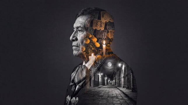 cultural art expression, a dignified mexican adult portrait intertwined with marigold flowers and candles