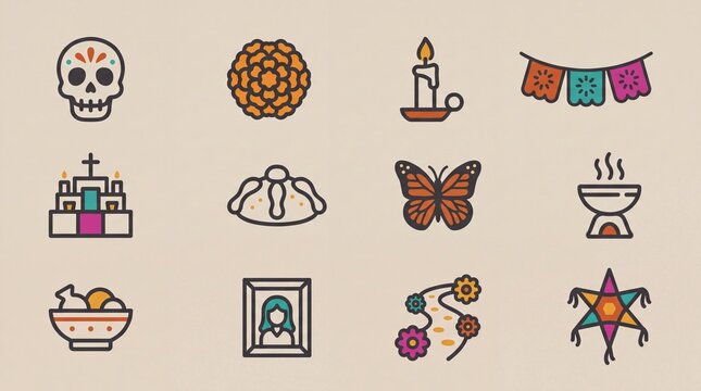 cultural iconography, a cohesive set of twelve da de muertos icons featuring vibrant cultural symbols