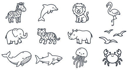 Obraz premium Set of wild exotic animals in simple line art style.