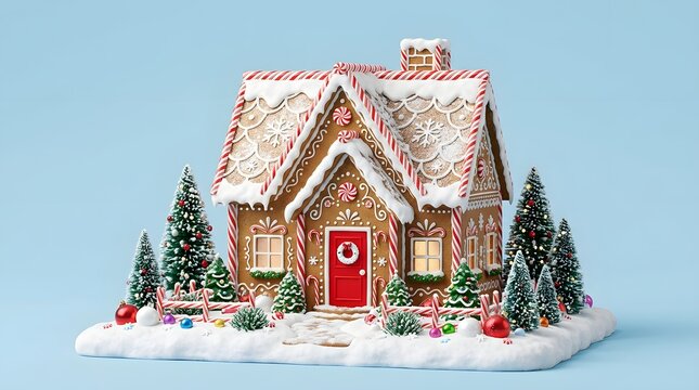 Festive gingerbread house with candy decorations and christmas trees on a snowy base against a light blue background