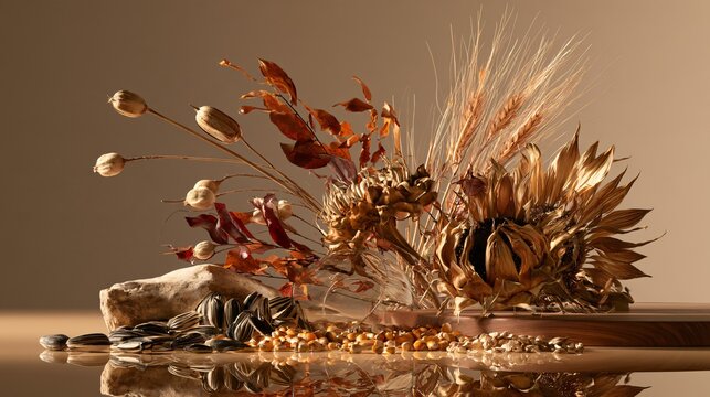A sunflower seeds and autumn elements composition combines striped seeds, golden kernels, sculptural dried sunflower heads, wheat, delicate seed pods, amber and burgundy foliage