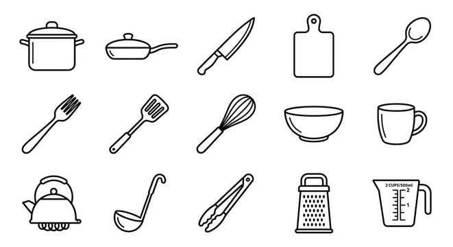 Complete line art icon set featuring kitchenware cooking utensils and culinary preparation equipment