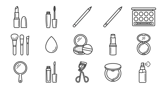 Outline icon collection representing essential cosmetics items facial makeup products and application tools