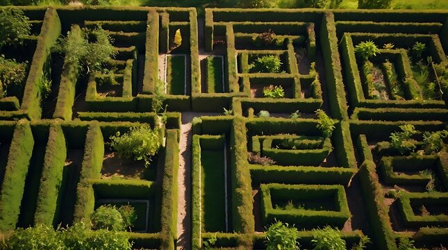 Intricate green garden hedge maze viewed from above featuring complex paths and bright natural sunlight with shadows
