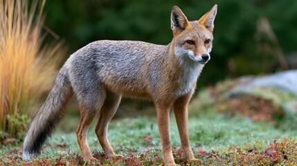 Fototapeta premium A red fox stands alert in a grassy field with blurred foliage in the background showcasing its detailed fur and attentive expression