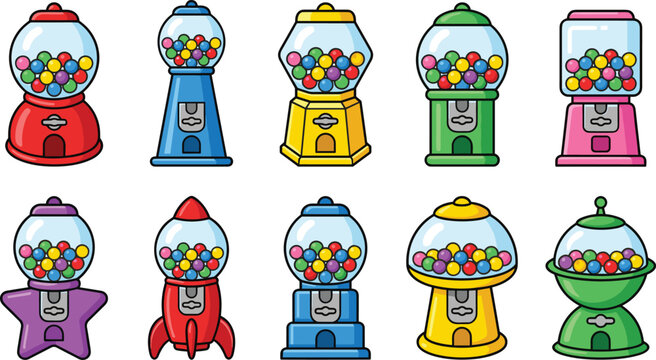 Gumball machine vector set, colorful bubblegum candy dispenser collection isolated white background