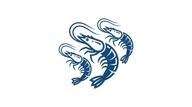  A minimalist vector illustration of three blue shrimps or prawns swimming together, designed in a clean graphic line art style isolated on a white background