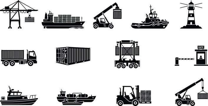 Cargo port logistics icon set vector illustration with container ship crane truck