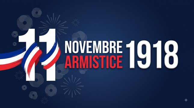 November 11 Armistice commemorative design with blue cornflowers and French tricolor brush stroke, marking the 1918 armistice and remembrance in ...