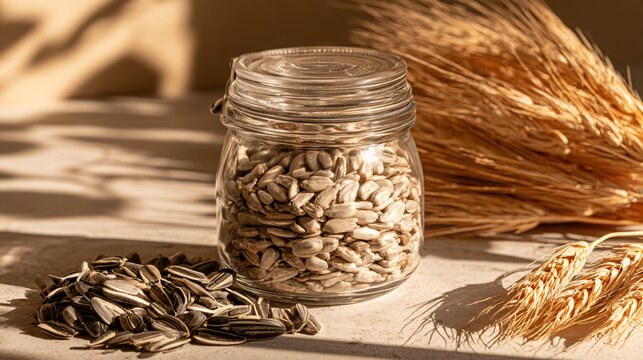 Sunflower seeds and autumn elements create a modern kitchen background with hulled kernels in a clear glass jar, whole striped seeds nearby, dried wheat