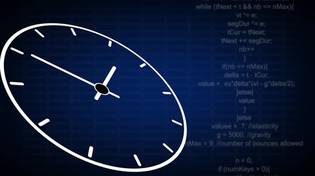 Clock face animation displays time measurement hands beside code snippets. Programming execution timeline telemetry guides clock face. Terminal screens use clock face.