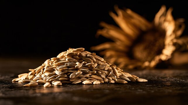 Sunflower seeds and autumn elements create a premium food-advertising image with a small mound of flawless kernels on polished dark stone, a dried sunflower silhouette behind them