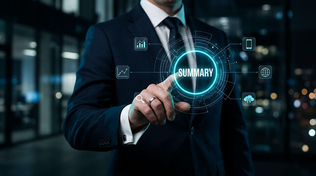 Businessman pressing summary button on futuristic holographic interface in office