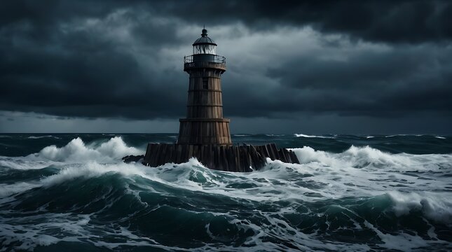 Old lighthouse standing firm against massive crashing ocean waves under a dramatic dark and moody stormy sky