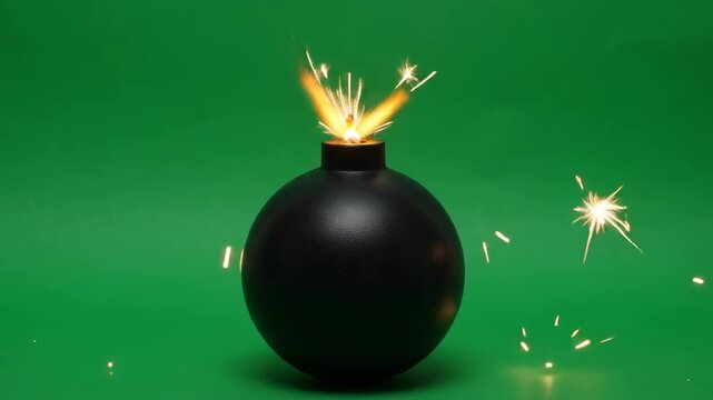 Classic Round Black Cartoon Bomb with Burning Fuse and Bright Sparks Emitting Against a Solid Green Background for Compositing, Concept of Deadline, Urgency, Danger, and Explosive Risk