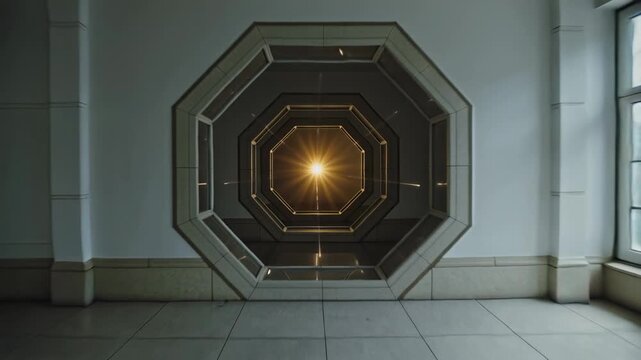 Moving camera approaching nested octagonal frames in corridor, revealing LED cross reflections