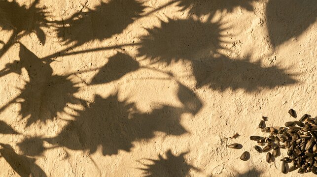Sunflower seeds and autumn elements create an abstract seasonal background through softly overlapping shadows of sunflower heads and leaves projected onto beige plaster