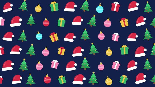 Floating Christmas icons pattern with Santa hat tree gift and bauble