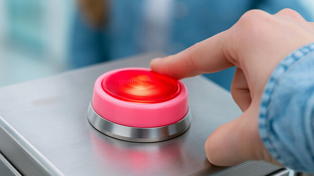 Red emergency button pressed by finger on metal panel serves as critical alarm for immediate industrial safety measures.