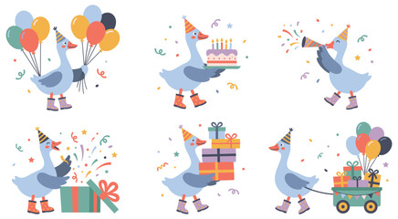 Cute cartoon goose characters birthday celebration. © NAZMA
