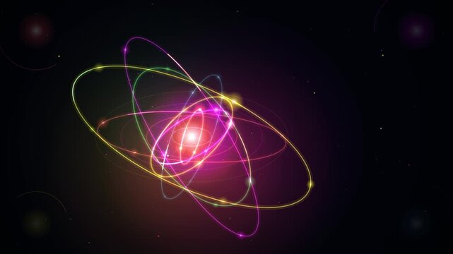 Vibrant multicolored light loops swirl around a luminous core against a dark starry background