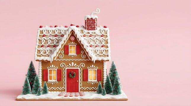 A charming gingerbread house with red shutters and white icing details, set against a solid soft pink background