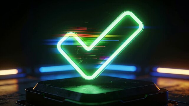 Starting glitch causing neon green checkmark pulsing above hex platform, signaling success
