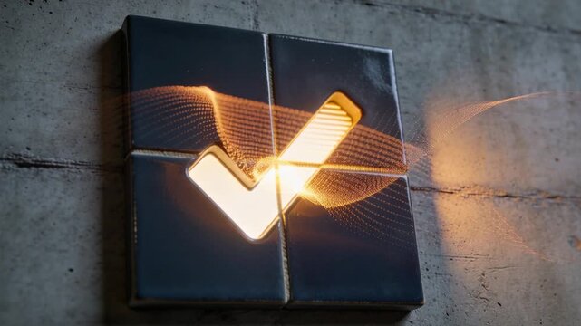Powering 2x2 tile emblem emitting light ribbons and lighting checkmark on concrete wall