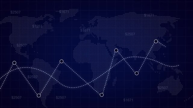 Financial graph animation connects data points across a world map. International corporate investment analytics track on financial graph. Market revenue drives graph.
