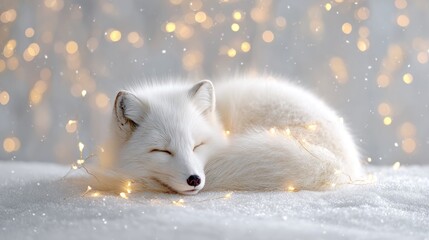 Fototapeta premium Serene arctic fox resting in snow with warm glowing bokeh lights in winter wonderland