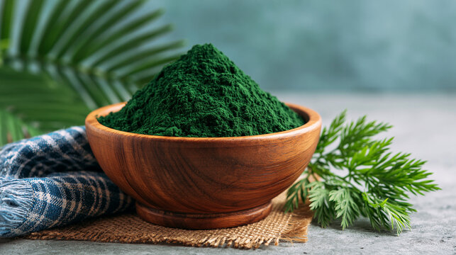 Rich green spirulina powder mound in wooden bowl sitting on burlap fabric for health conscious living and wellness brand.