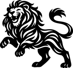 Obraz premium Black silhouette of a majestic lions head facing forward on a black background.